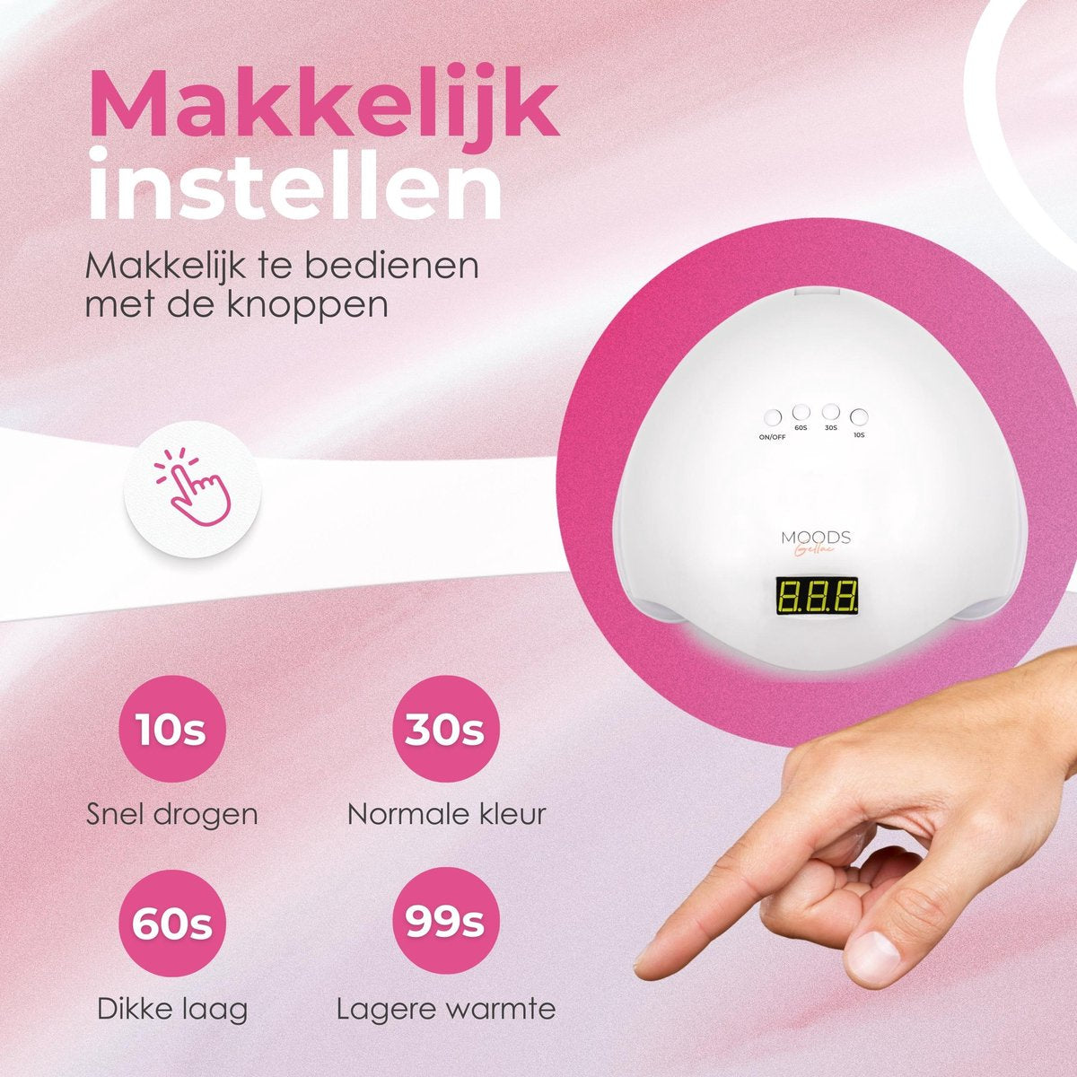 Moods Gellac - Professionele Nagellamp- UV Lamp Gelnagels - Nageldroger - Bedienbaar met Knoppen - Krachtige LED Lamp - Wit