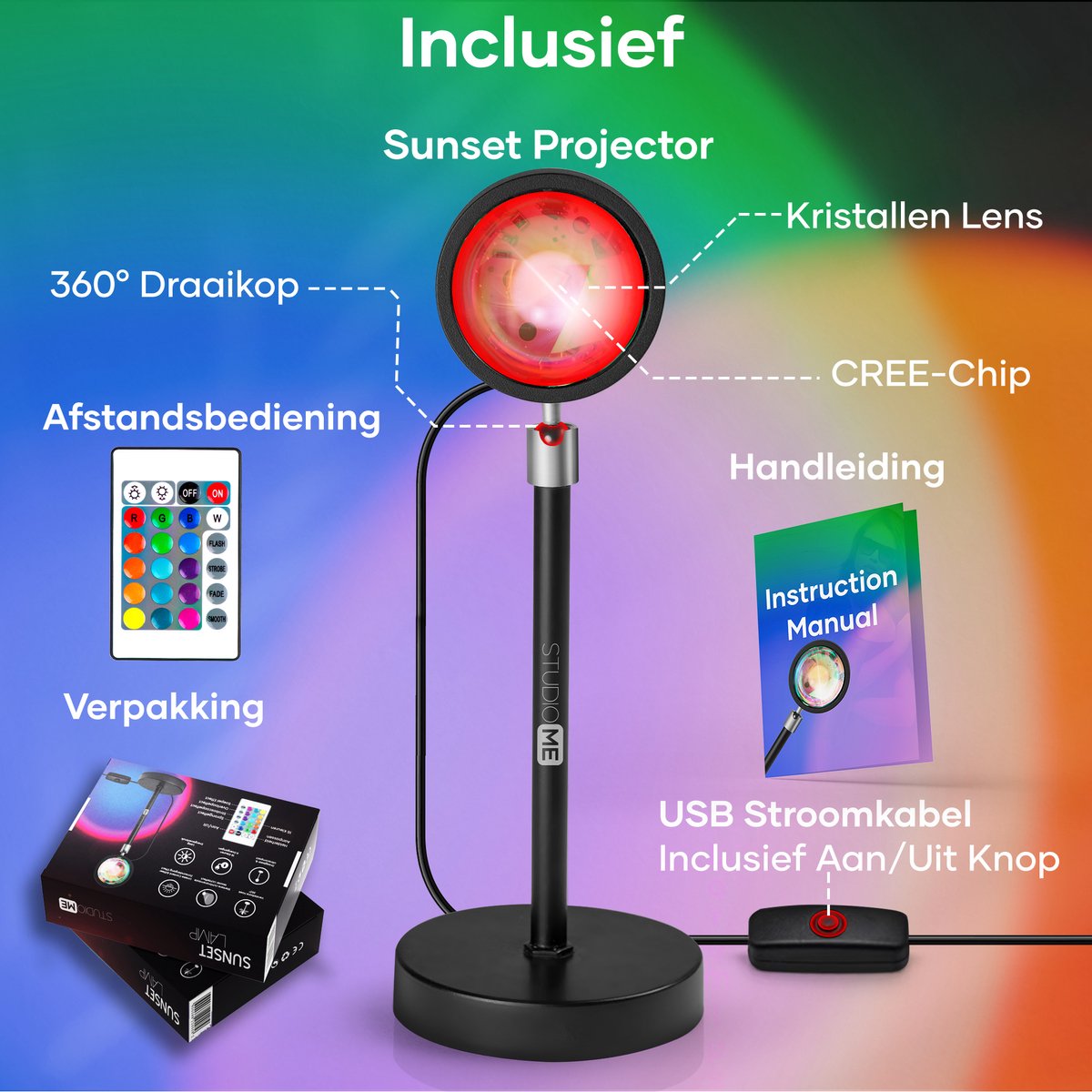 Studio ME Sunset Lamp - Sfeerlamp - 16 Kleuren - Sfeerverlichting Binnen - Galaxy Projector Lamp - Incl. Afstandsbediening - Tiktok Lamp - 360° Draaibaar - Projectorlampen