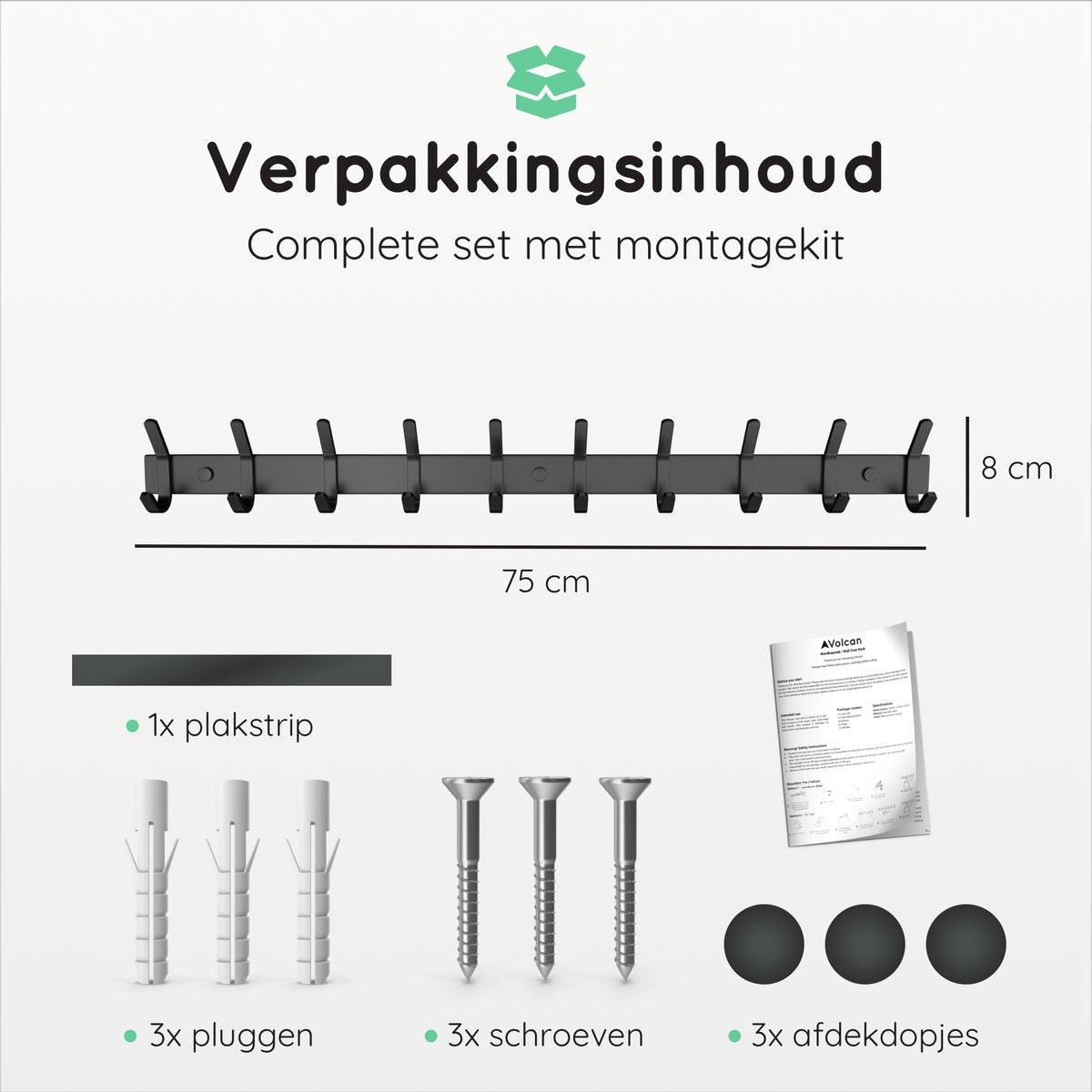 Volcan Wandkapstok - 20 Haken - RVS - Muur Kapstok Hangend - Industrieel - 3M Tape - Zwart