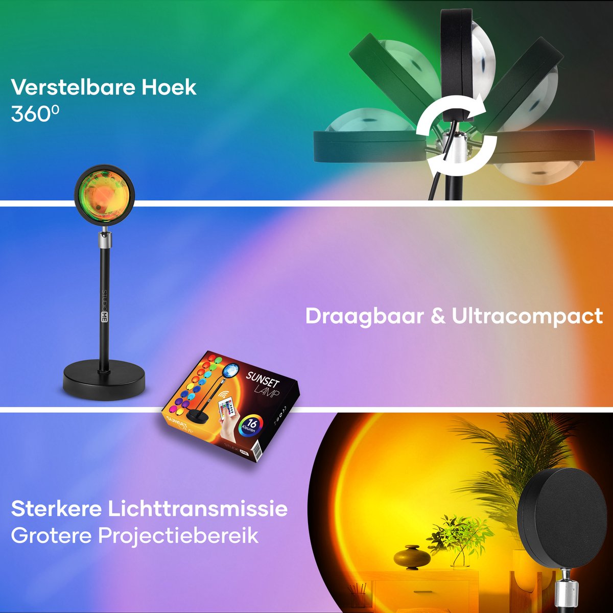 Studio ME Sunset Lamp - Sfeerlamp - 16 Kleuren - Sfeerverlichting Binnen - Galaxy Projector Lamp - Incl. Afstandsbediening - Tiktok Lamp - 360° Draaibaar - Projectorlampen