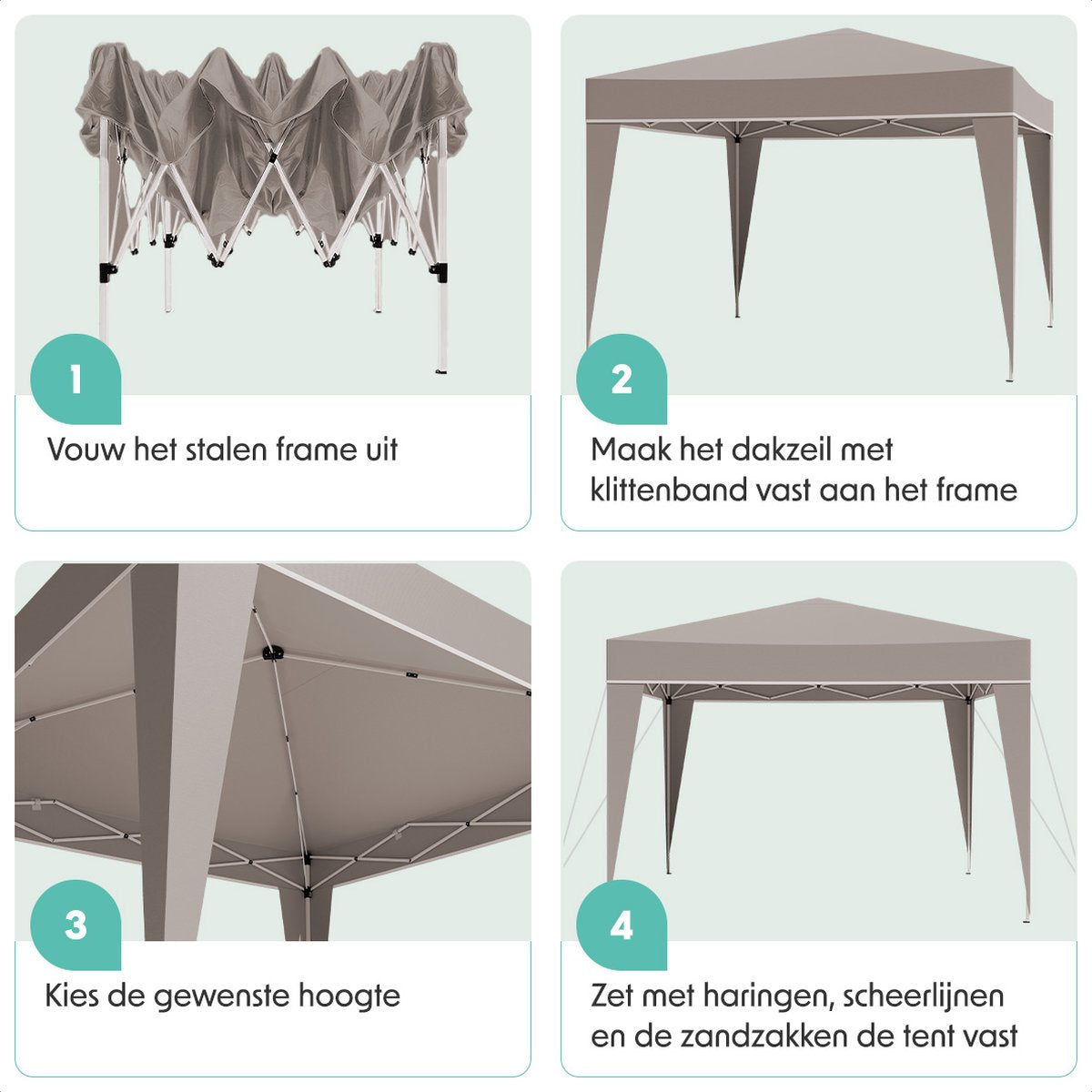 LifeGoods Partytent - Paviljoen - EasyUp - Opvouwbaar - Waterdicht - Met Draagtas - 300 x 300 cm - Beige