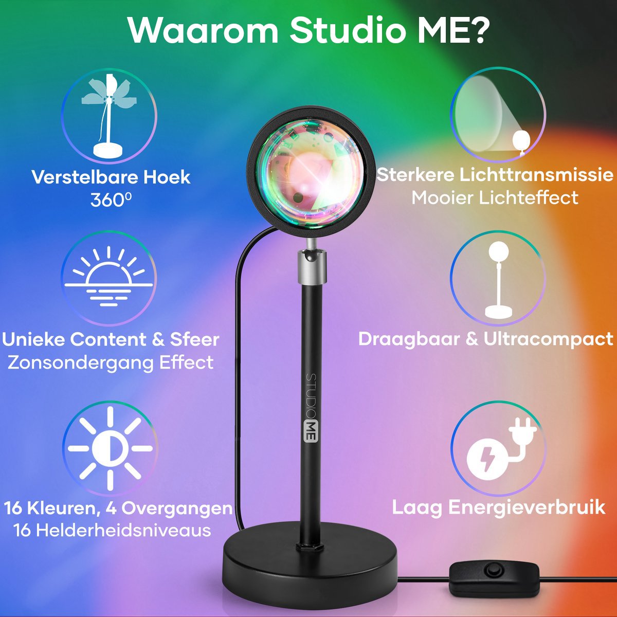 Studio ME Sunset Lamp - Sfeerlamp - 16 Kleuren - Sfeerverlichting Binnen - Galaxy Projector Lamp - Incl. Afstandsbediening - Tiktok Lamp - 360° Draaibaar - Projectorlampen