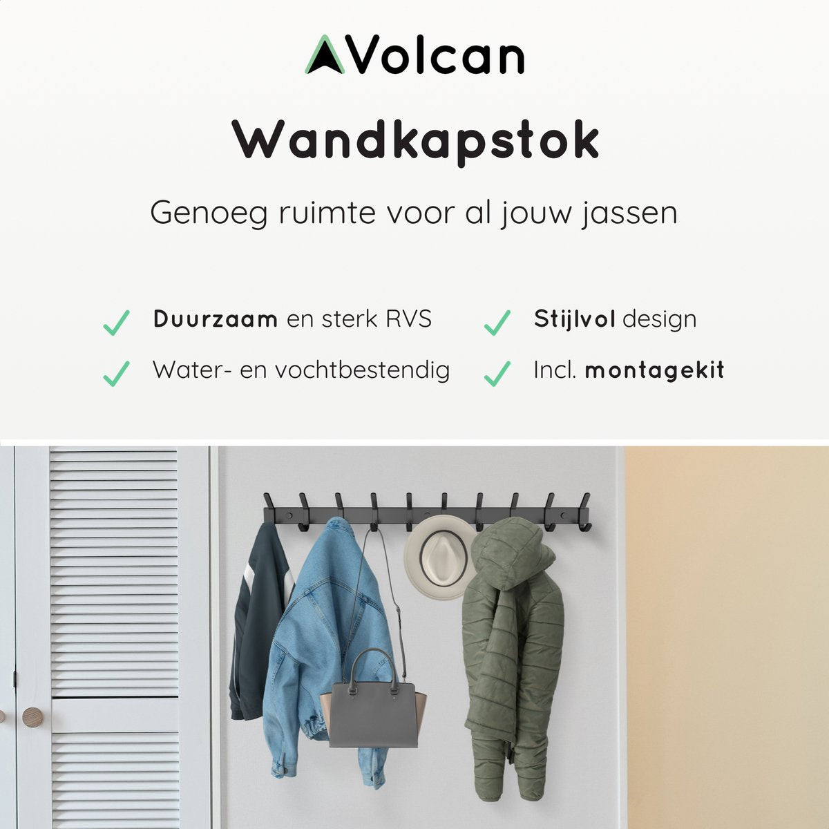 Volcan Wandkapstok - 20 Haken - RVS - Muur Kapstok Hangend - Industrieel - 3M Tape - Zwart