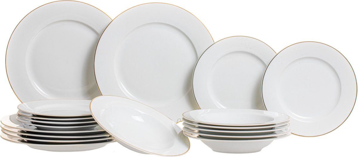 Studio Tavola 18-delige Serviesset Wit met Gouden Rand - 6 Dinerborden Ø 27,5 cm, 6 Diepe Borden Ø 21,5 cm, 6 Ontbijtborden Ø 20,5 cm