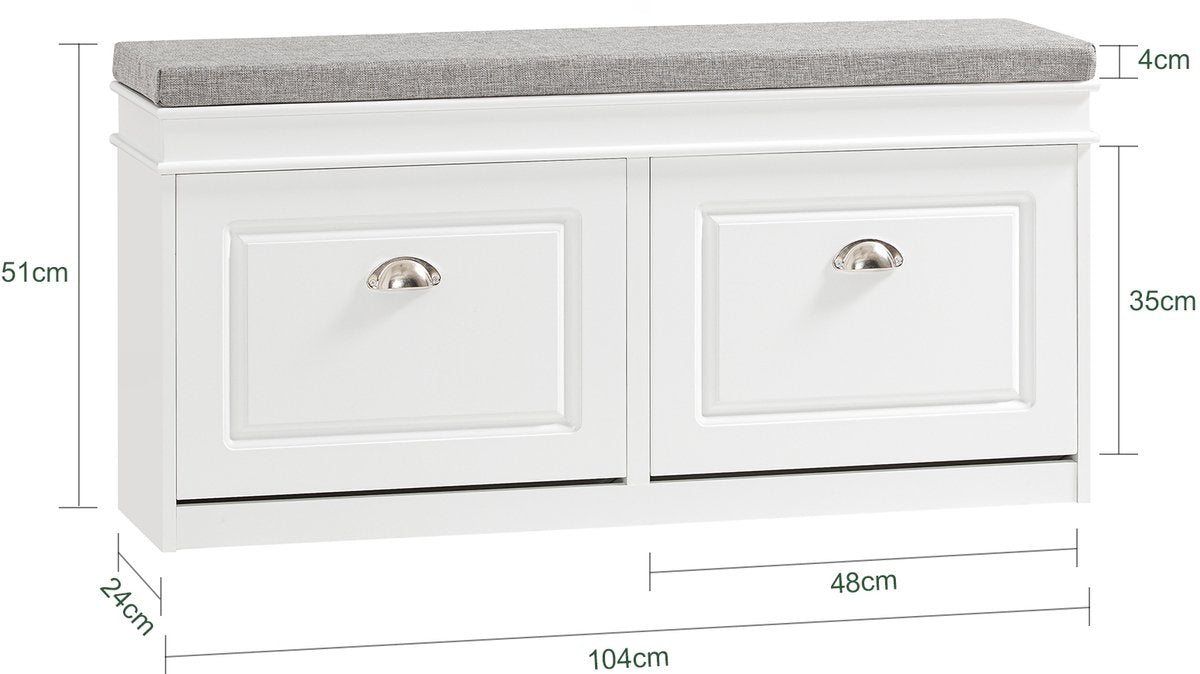 SoBuy Schoenenkast met 2 Kleppen en Zitkussen – Schoenenrek en Zitbank voor Hal of Entree – Wit – 104x52x24 cm
