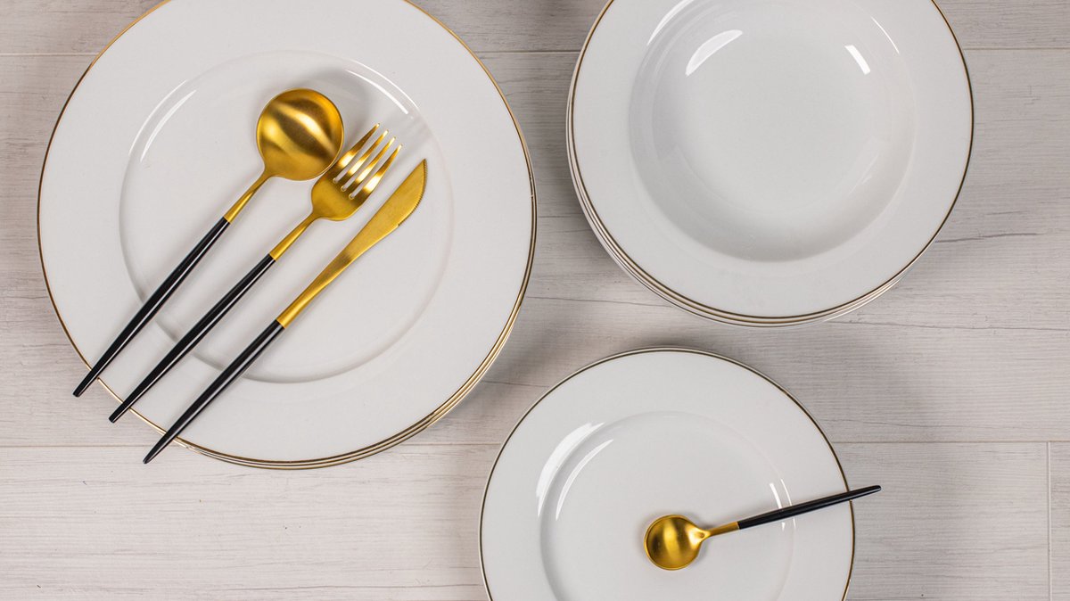 Studio Tavola 18-delige Serviesset Wit met Gouden Rand - 6 Dinerborden Ø 27,5 cm, 6 Diepe Borden Ø 21,5 cm, 6 Ontbijtborden Ø 20,5 cm