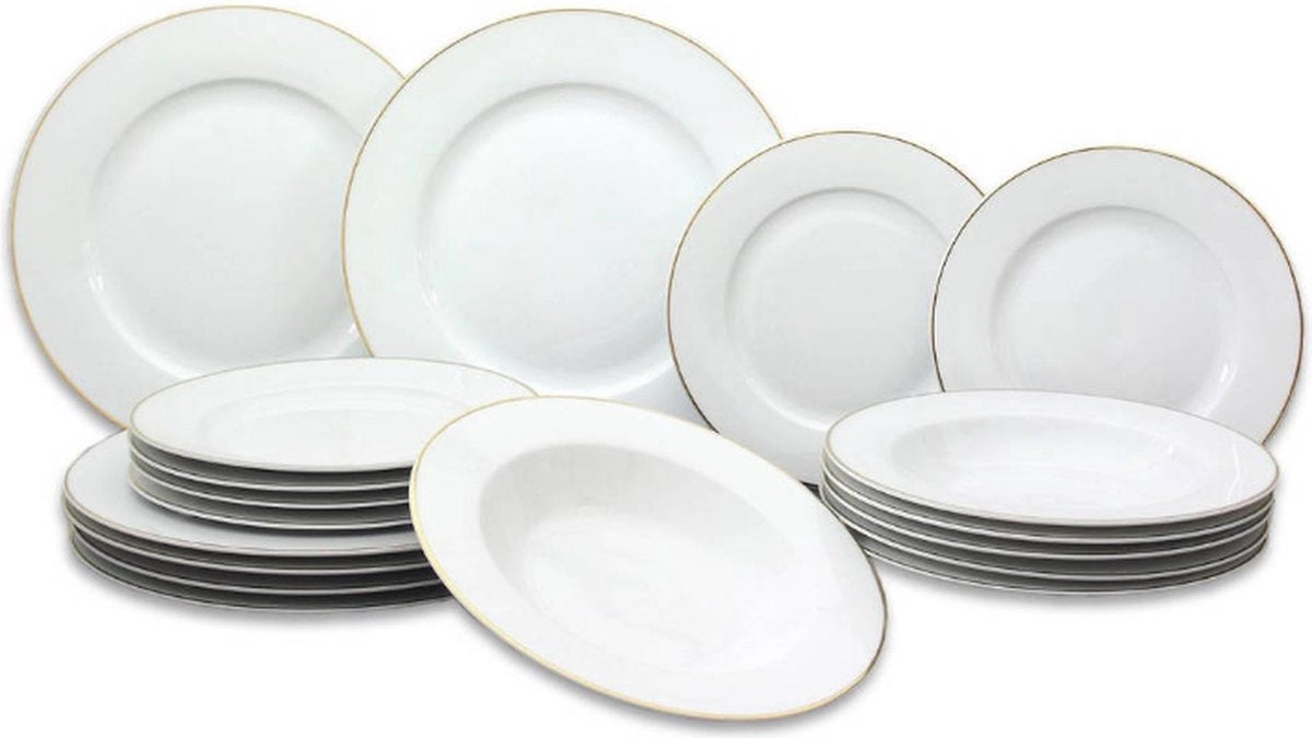 Studio Tavola 18-delige Serviesset Wit met Gouden Rand - 6 Dinerborden Ø 27,5 cm, 6 Diepe Borden Ø 21,5 cm, 6 Ontbijtborden Ø 20,5 cm