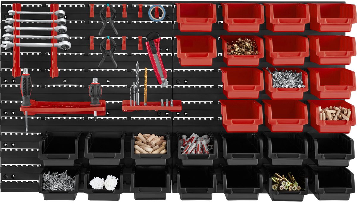 tectake werkplaats gereedschapswand - 96x17x54 cm - Zwart/Rood - 28 Opbergbakken & Wandhouders