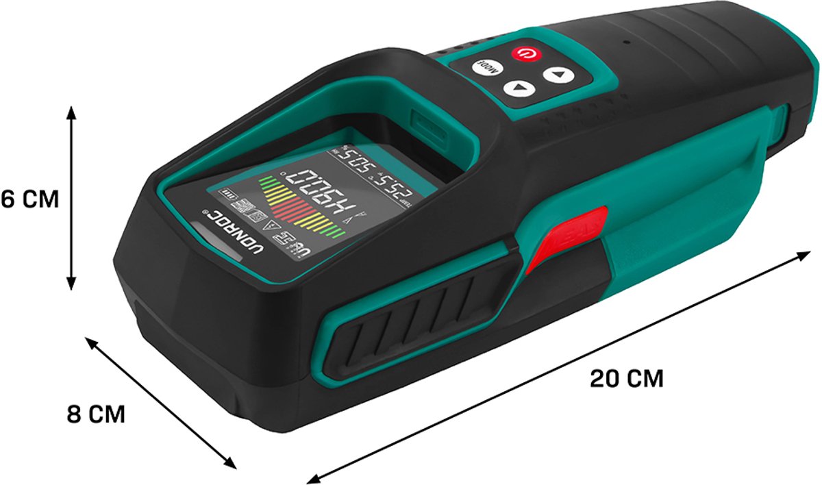 VONROC Leidingzoeker WD501DC – Multidetector voor metaal, hout en elektra – met digitale hoekmeter, temperatuur- & luchtvochtigheidsmeting – Multicolor LCD – 17 x 7 x 3 cm