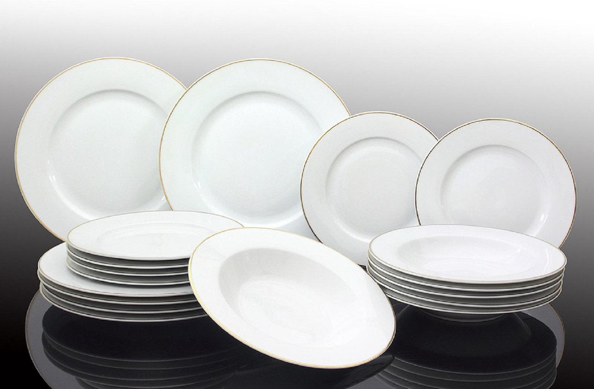 Studio Tavola 18-delige Serviesset Wit met Gouden Rand - 6 Dinerborden Ø 27,5 cm, 6 Diepe Borden Ø 21,5 cm, 6 Ontbijtborden Ø 20,5 cm