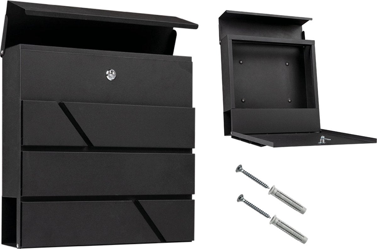 BRASQ Deluxe Brievenbus Zwart 37,5 x 36,5 x 11 cm – Wandbrievenbus met Slot en Krantenvak – Inclusief Montagemateriaal & 2 Sleutels