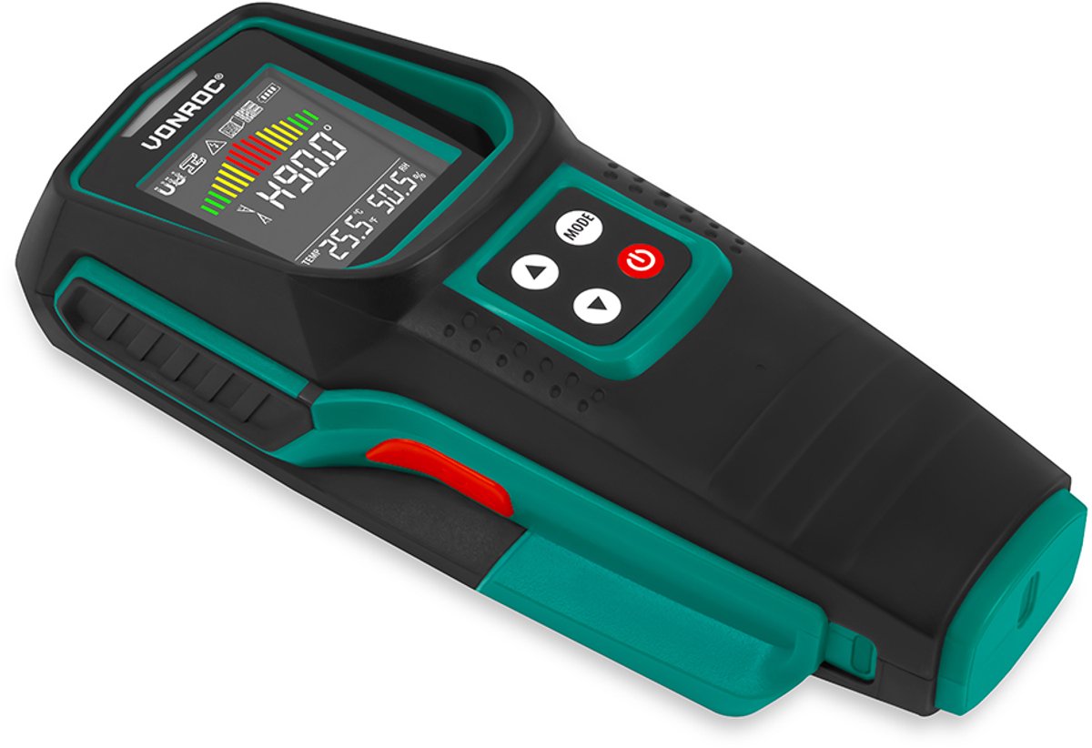 VONROC Leidingzoeker WD501DC – Multidetector voor metaal, hout en elektra – met digitale hoekmeter, temperatuur- & luchtvochtigheidsmeting – Multicolor LCD – 17 x 7 x 3 cm