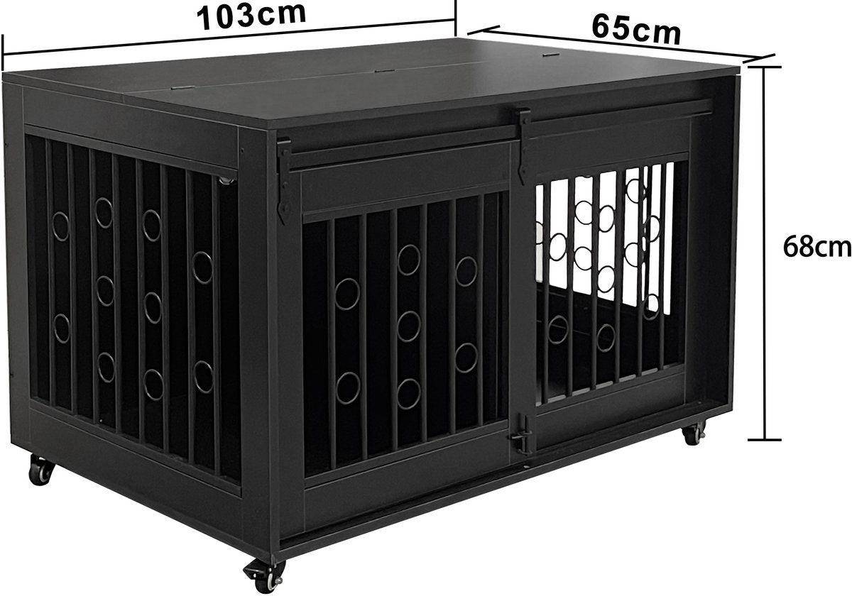 HuisenDier Hondenhok op Wieltjes - Bench voor 2 Honden - Verrijdbaar - 2 Afzonderlijke Ruimtes - Puppy & Kleine Honden - Zwart