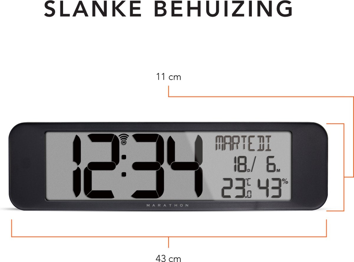 Marathon Vancouver Radiogestuurde Kalenderklok – Zwart – 36,8 x 23,5 cm – Ultrawide Display met Grote Cijfers