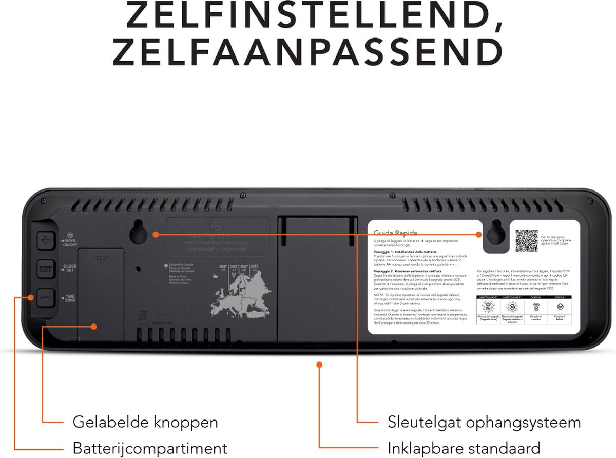Marathon Vancouver Radiogestuurde Kalenderklok – Zwart – 36,8 x 23,5 cm – Ultrawide Display met Grote Cijfers