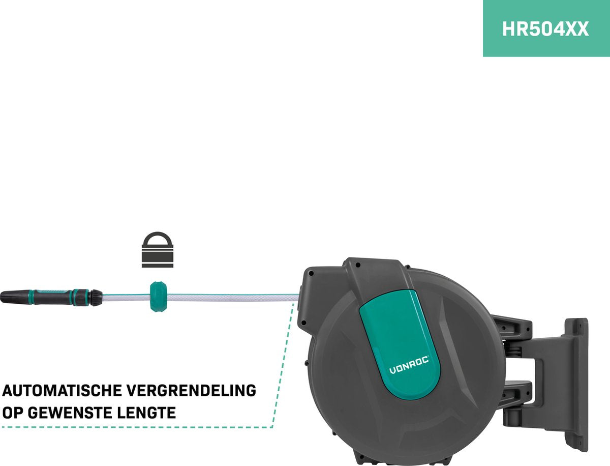 VONROC Wandslangenbox – Incl. 35m tuinslang, aansluitslang, spuitstuk, koppelingen & kraanaansluiting – Automatisch oprolsysteem