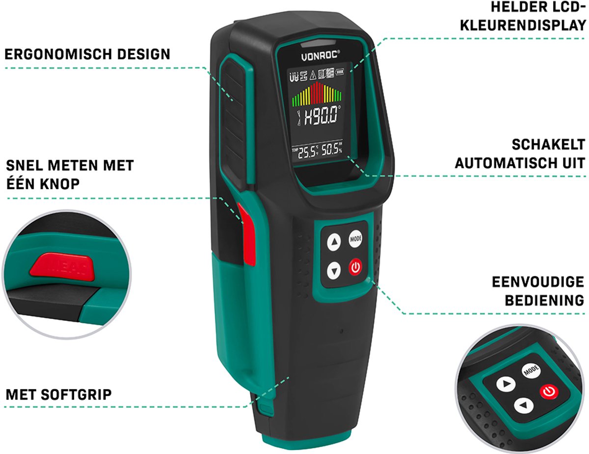 VONROC Leidingzoeker WD501DC – Multidetector voor metaal, hout en elektra – met digitale hoekmeter, temperatuur- & luchtvochtigheidsmeting – Multicolor LCD – 17 x 7 x 3 cm