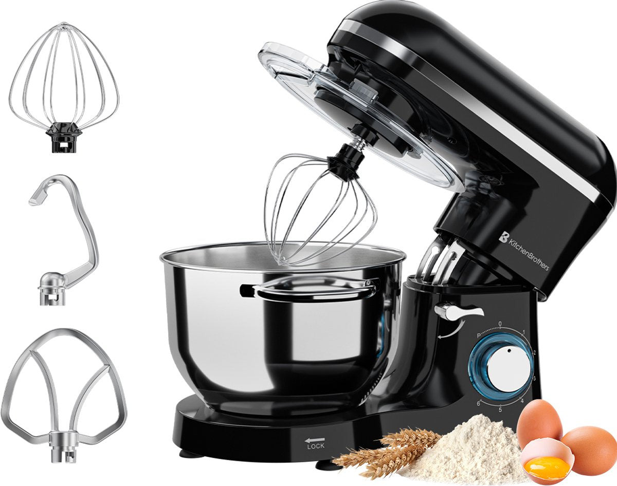 KitchenBrothers Keukenmachine - Keukenmixer - 6L RVS mengkom - 1400W - Zwart