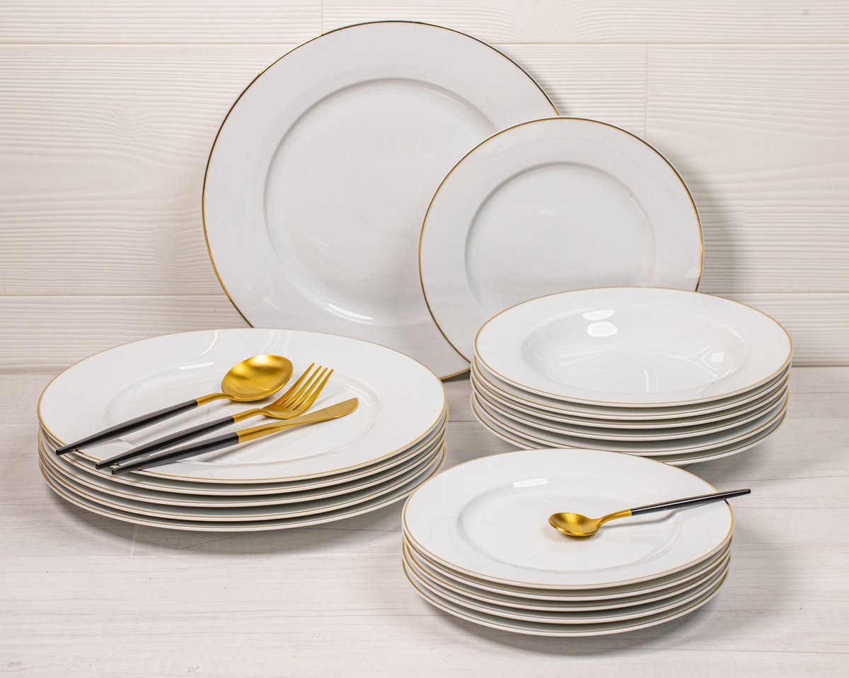 Studio Tavola 18-delige Serviesset Wit met Gouden Rand - 6 Dinerborden Ø 27,5 cm, 6 Diepe Borden Ø 21,5 cm, 6 Ontbijtborden Ø 20,5 cm