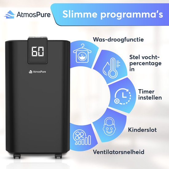 AtmosPure AirDry Elite Luchtontvochtiger - Ontvochtigt 12 Liter per Dag - Wasdroogfunctie - Zwart