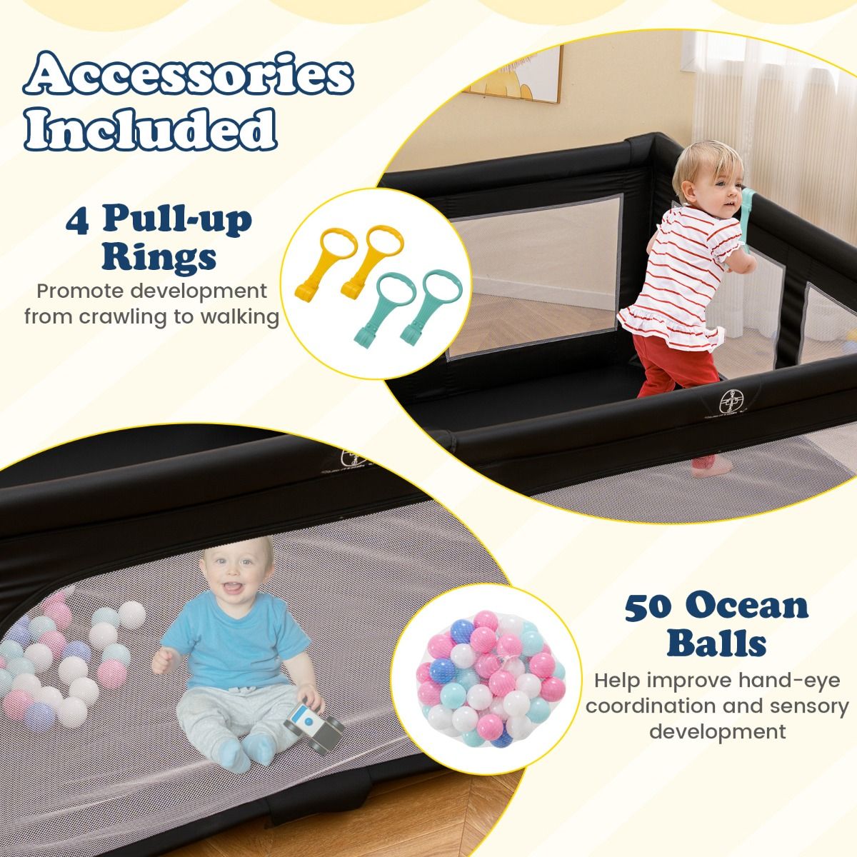 coast Baby Looprek 150 x 150 cm – Opvouwbaar Speelgitter met 50 Ballen, 4 Handgrepen & Ritsdeur – Zwart