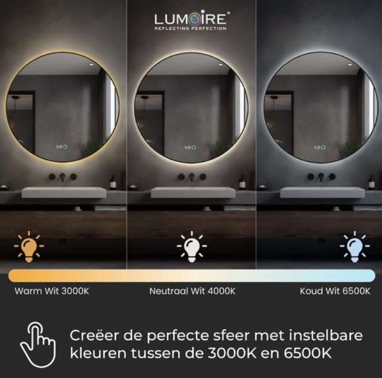 Lumoire Neon 8000 Spiegel met Verlichting - Zwarte Rand - Ø 80 cm - Rond, Anticondens, Klok