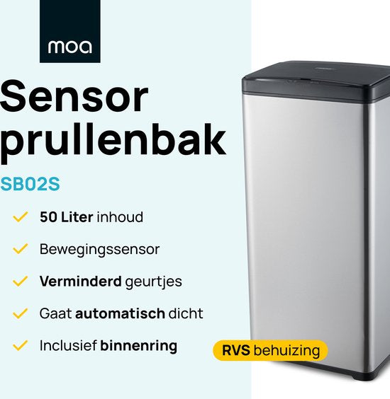 MOA Sensor Prullenbak 50 Liter - Geruisloze Deksel - Vertraagd Sluiten Modus - RVS & Duurzaam ABS - Afvalbak - Vuilnisbak - Zilver