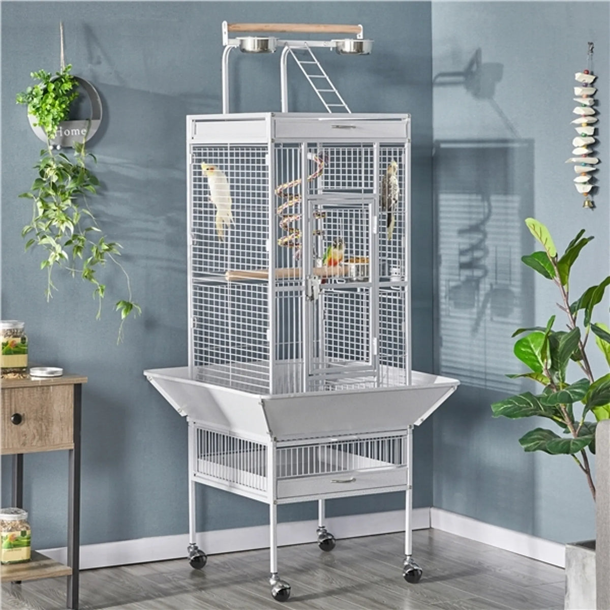 Yaheetech Papegaaienkooi Met Speelplateau – Voorzien Van Zaadvanger En Uitschuifbare Mestlades En Voerluikjes – Voor Valkparkieten En Papegaaien – Wit Poedergecoat IJzer – 65,5 x 65,5 x 156 cm