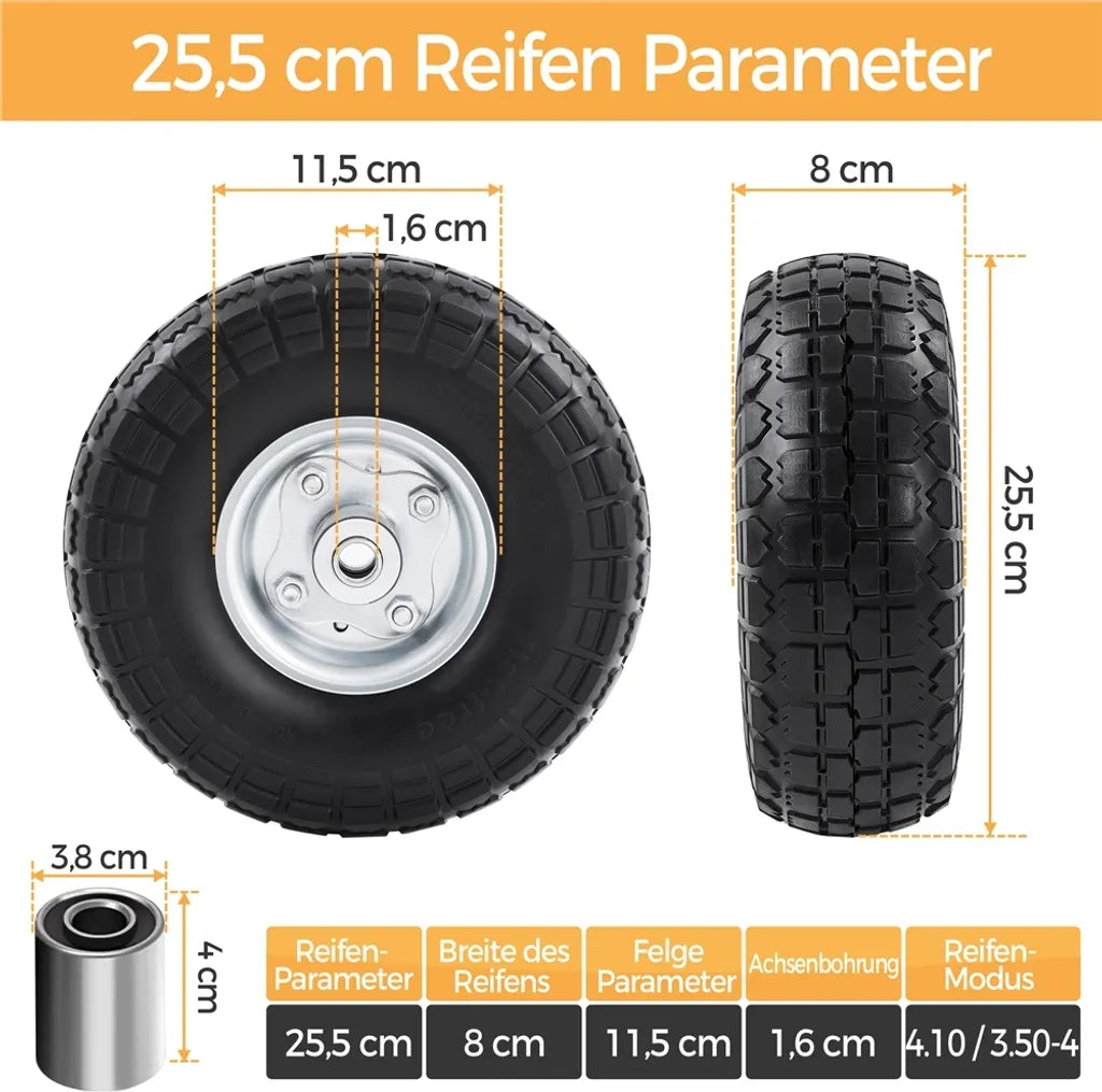Yaheetech Massieve PU Wielen Set van 2 - Ø255 x 80 mm - Lekvrije Steekwagenwielen met 16 mm As