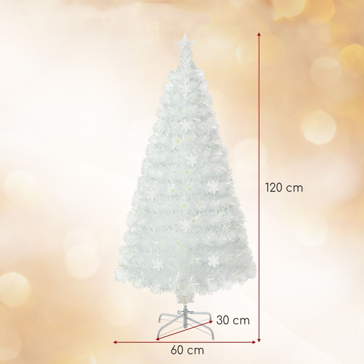 Coast Kunstkerstboom - 120 cm - Wit - met Glasvezel, Iriserende Bladeren en Veelkleurige LED Sneeuwvlokverlichting