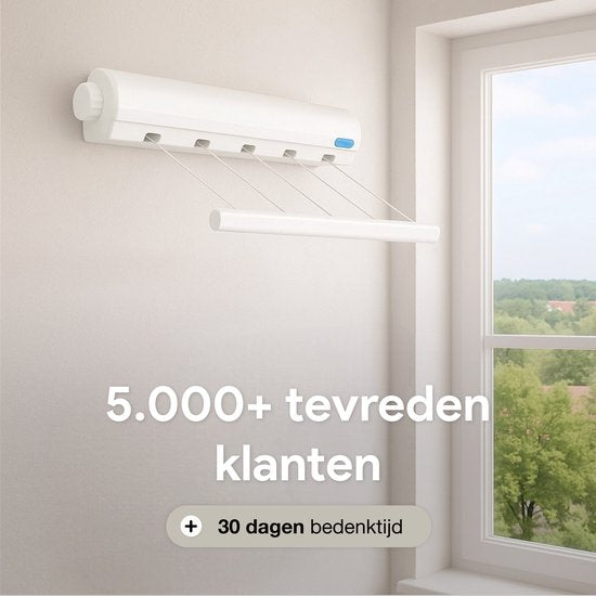 Luft Uittrekbare Wand Waslijn – 5 Lijnen – 4m – Hangend Droogrek voor Binnen & Buiten – Compact & Uitschuifbaar