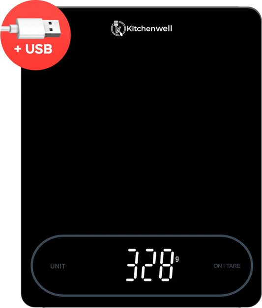 Kitchenwell Digitale Precisie Keukenweegschaal – Weegschaal Keuken - 1gr - 12kg – Tarra Functie - USB - Zwart