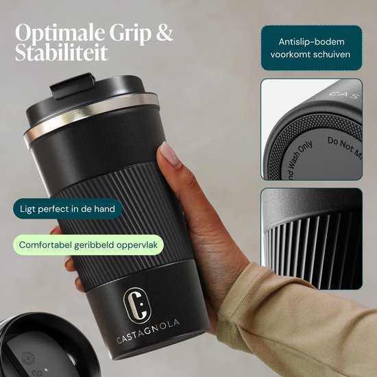 Castagnola Thermosbeker - Koffiebeker To Go - Travel Mug voor Koffie en Thee - Theebeker - 510 ML - RVS - Zwart
