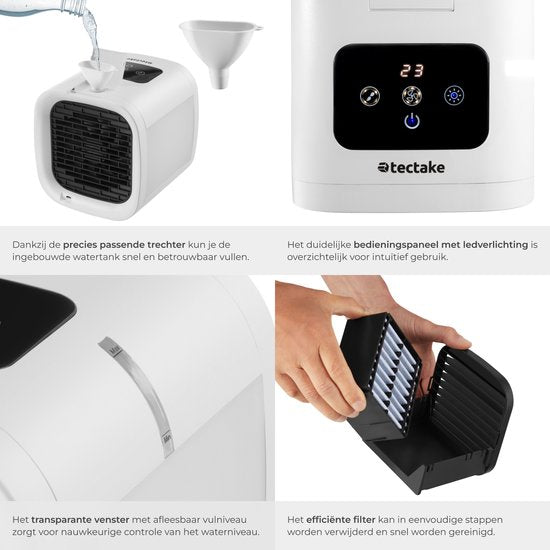 tectake® Aircooler Frosty met LED-Verlichting - 2 Koelstanden - 8W - 3-in-1 Luchtkoeler met Waterreservoir - Zonder Afvoerslang - Inclusief USB-Kabel en Trechter - Mini Airco - Wit
