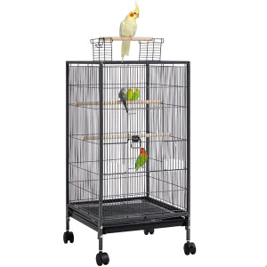 Yaheetech Vogelkooi Met Verrijdbaar Onderstel – Voorzien Van Uitschuifbare Lade En 4 Plastic Voerbakjes En 3 Houten Zitstokken – Voor Kleine Vogels En Parkieten – Gehamerd Zwart Metaal En Massief Hout – 45,5 x 45,5 x 100,5 cm