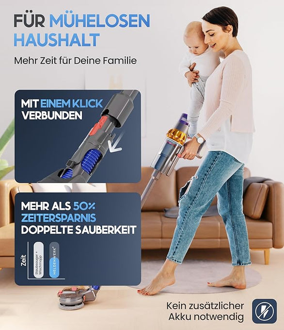 Heldenwerk Dweilopzetstuk voor Dyson V7/V8/V10/V11/V15 - Elektrische Vloerreiniger - 150 ml Watertank - 180° Draaibaar - Incl. 8 Dweilpads