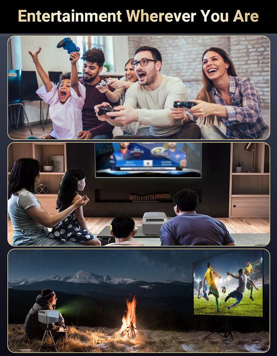 Fuegobird A6 Beamer - 1080P Full HD - Smart Home Projector - Ondersteuning 4K - Android TV 9.0 - 450 ANSI - Streamen met IOS & Android - Autofocus en 4D keystone - 2GB RAM+32GB ROM - WiFi6 - 2.4G/5G WiFi - BT5.0 - Netflix/Prime Video/Youtube - Grijs