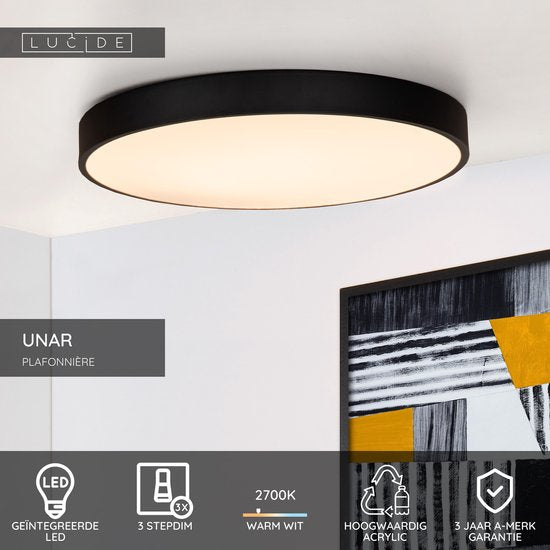 Lucide UNAR - Plafonnière (Plafondlamp) - Ø 49,5 cm - LED 3 StepDim - 1x36W 2700K - Zwart