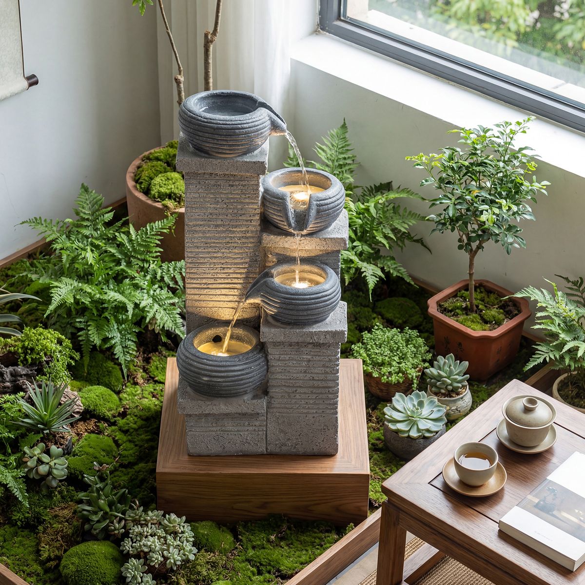 Coast Tuinfontein met LED-verlichting - Viertraps waterval - Kunsthars en glasvezel - Grijs 28 x 22 x 58 cm