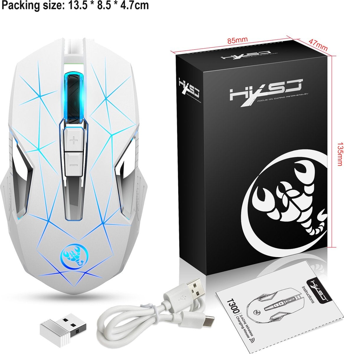 HXSJ T300 2.4G Draadloze Gaming Muis - Computermuizen - Ultra licht - Compact Voor Onderweg - RGB Verlichting - Wit