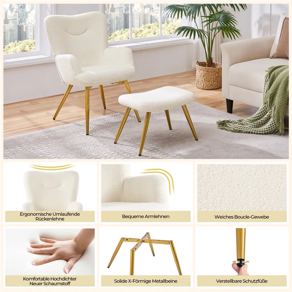 Yaheetech Oorfauteuil met Voetenbankje, Bouclé, Wit/Crème