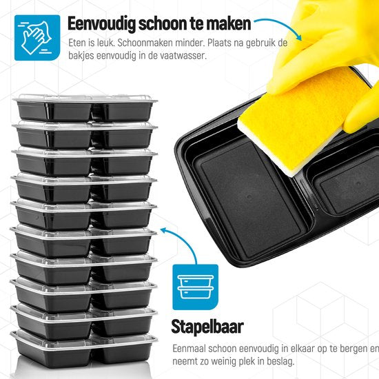 Fitcrafters Meal Prep Bakjes - Vershoudbakjes - Diepvriesbakjes - 20 Stuks - 3 Compartimenten - 1L - BPA vrij