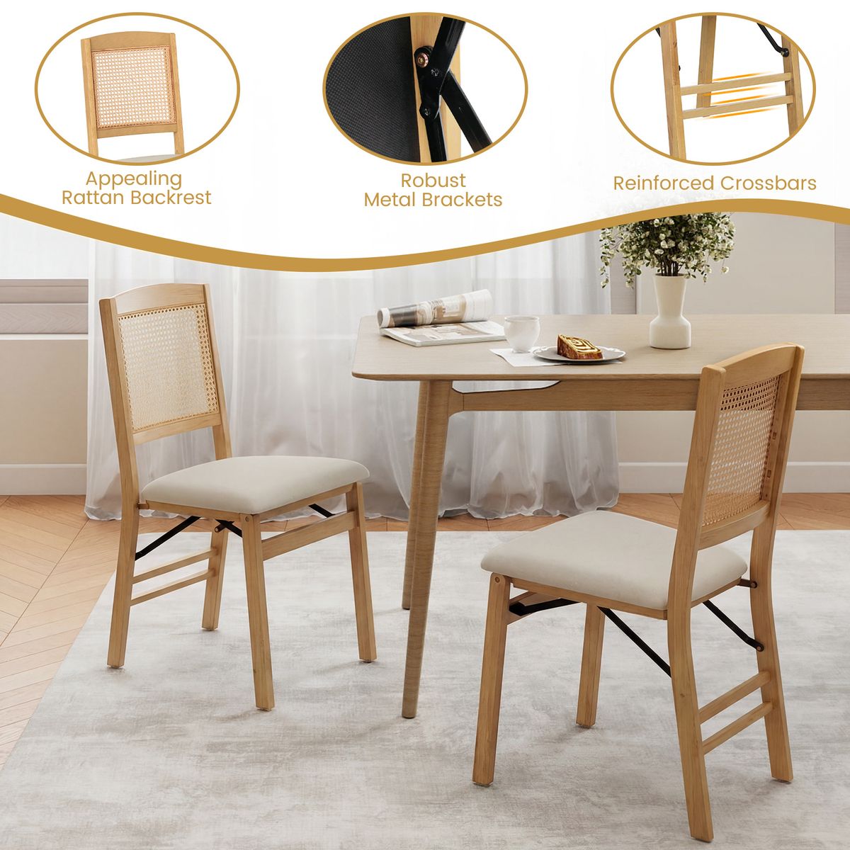 Coast Opvouwbare Eetkamerstoelen Set van 2 - Hout en PE-rotan - Linnen zitting - Naturel