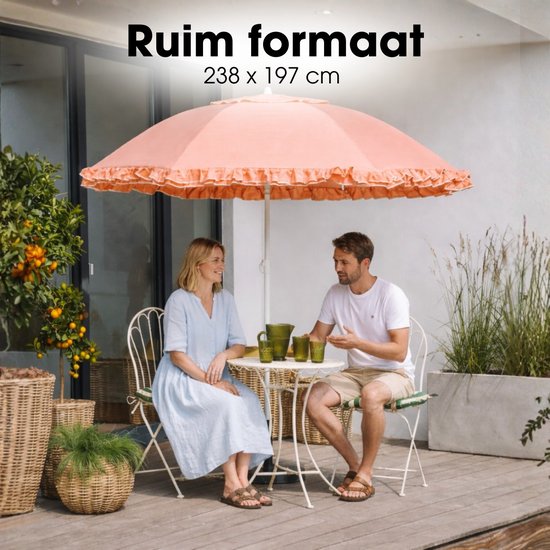 Mica Decorations Kantelbare Parasol met Ruches - Stokparasol 238 x Ø195 cm - Tuin of Balkonparasol - Polyester, Staal - Perzik