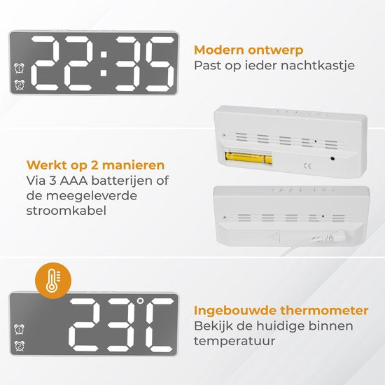 Nuvance - Digitale Wekker - Digitale Klok - Wekkers voor Kinderen & Volwassenen - Reiswekker - Slaapkamer - Led Wekkers Digitaal - Alarmklok - Wit