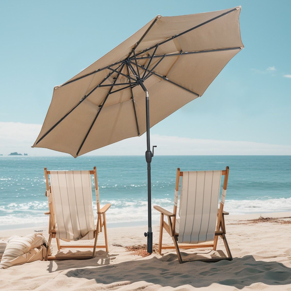 Coast Lichtbruine Tafelparasol 300 cm – 3-Lagen Zonnescherm met Kantelmechanisme en Handslinger – Tuinparasol met 8 Ribben en Geventileerde Kap