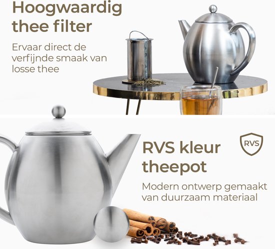 Vaja® Theepot Valerie RVS - Theepot - Theepot met filter - Theekan - Theepot dubbelwandig - Theepot met warmhouder - RVS Theekan - 1,2 Liter