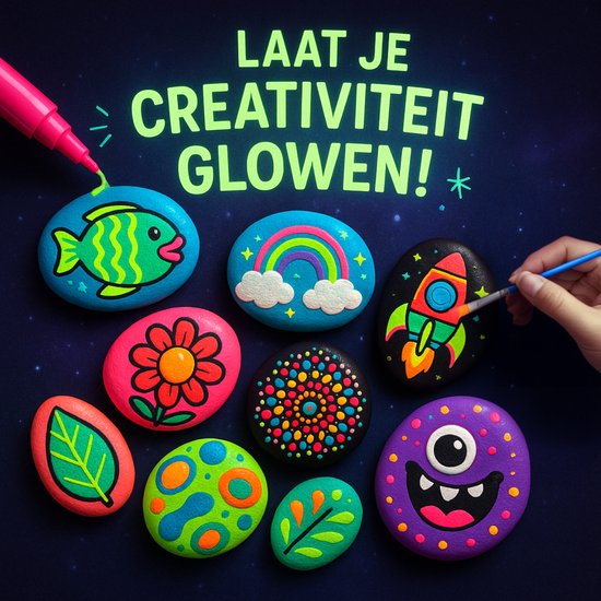 Vaive Stenen Schilderen 61-delig – Glow in the Dark Happy Stones – Knutselen - Knutselset voor Meisjes & Jongens - Knutselpakketten