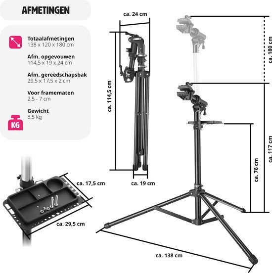 tectake® - Fiets reparatiestandaard Tristan - Snelsluitingen - Klemkop - 360° Draaibaar - In hoogte verstelbaar - Max. 50kg. - Montagestandaard - Geschikt voor e-bikes electrische fiets - 404920