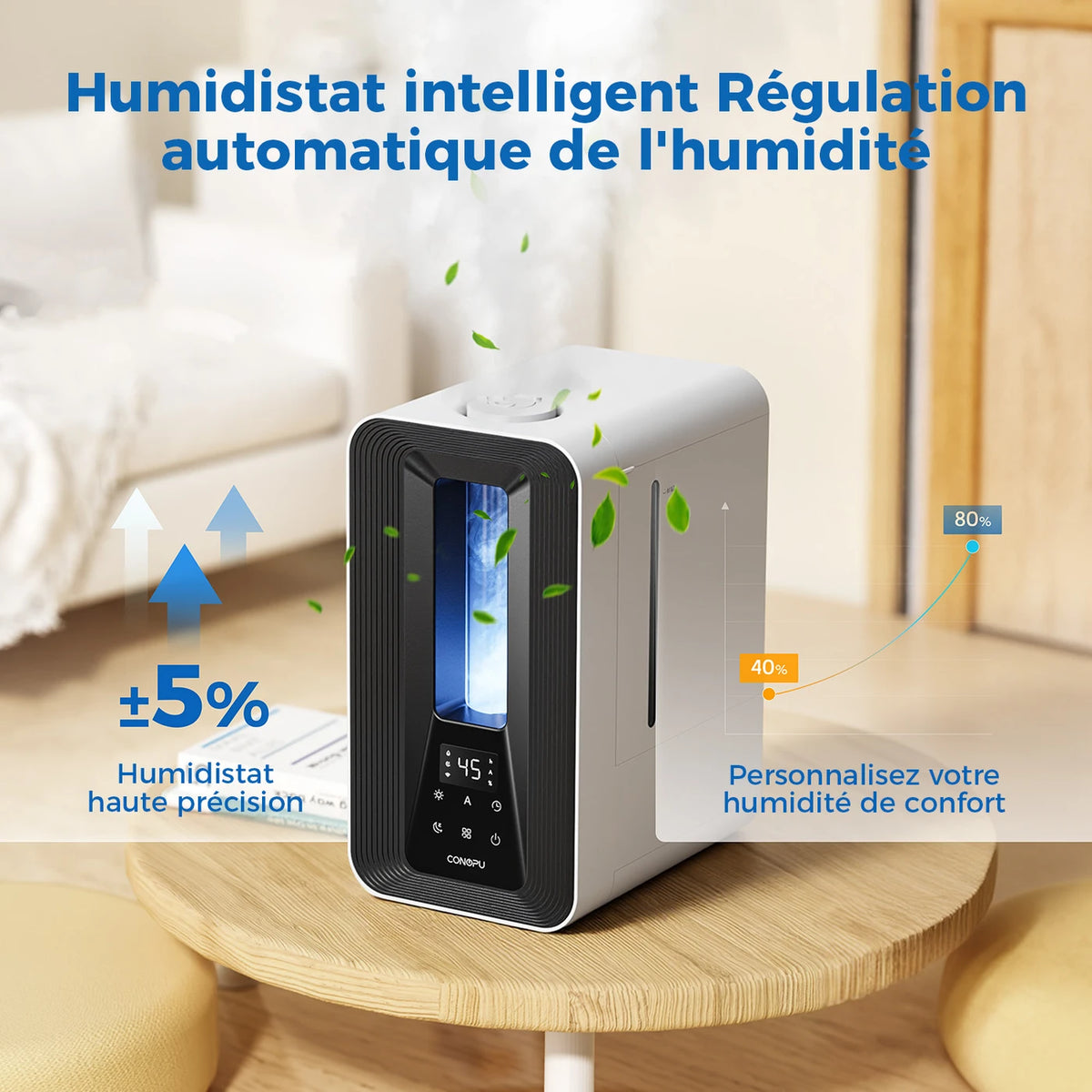 Conopu Ultrasone Luchtbevochtiger 5L - Smart Humidity Control - 360° Sproeikoppen - Aroma Diffuser - LED Sfeerverlichting - Zwart - 170x240x327mm